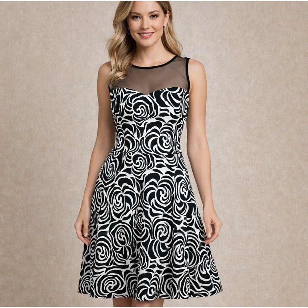 Frank Lyman Fit Flare Dress Size 8 Mesh Shoulder Black White Swirl Party No Belt